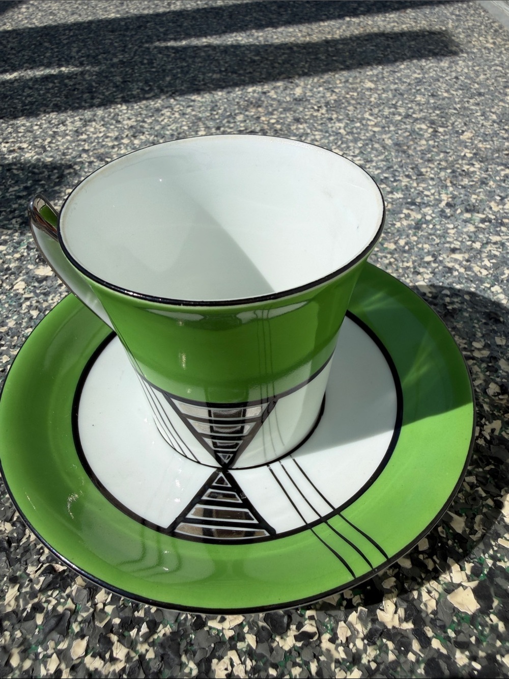 Green and White Geometric Tea Cup & Saucer : Czechoslovakia Modern Art